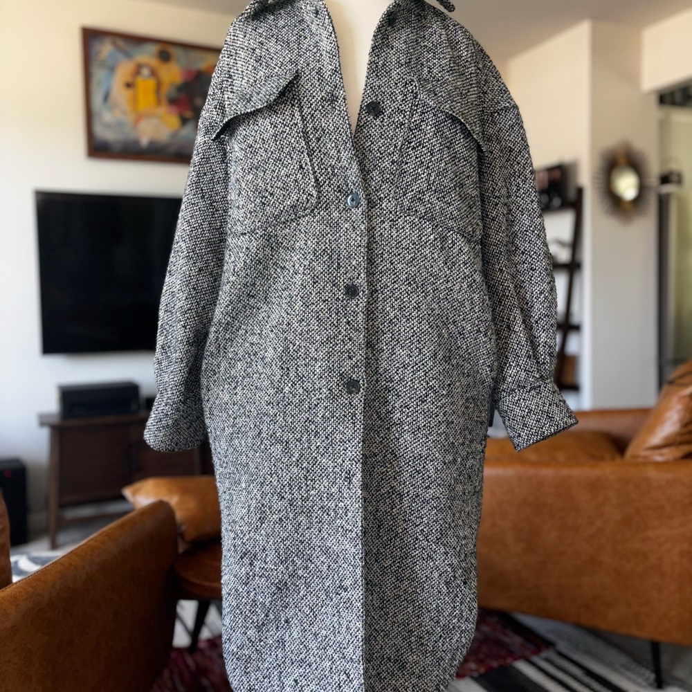 H&M Long Black White Herringbone Button Up Shacket Jacket Coat Small